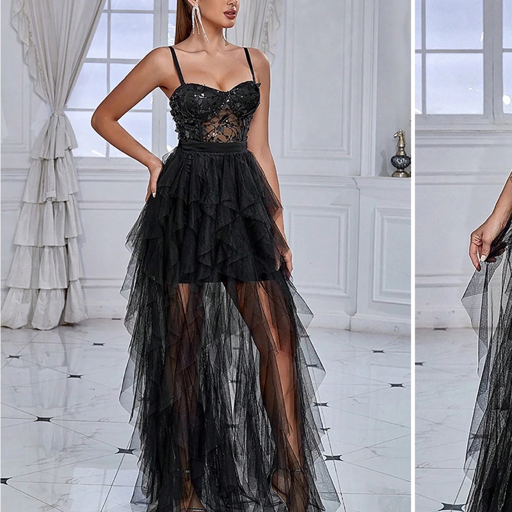 Glitter Black Corset Spaghetti Straps Long Formal Dress with Ruffles